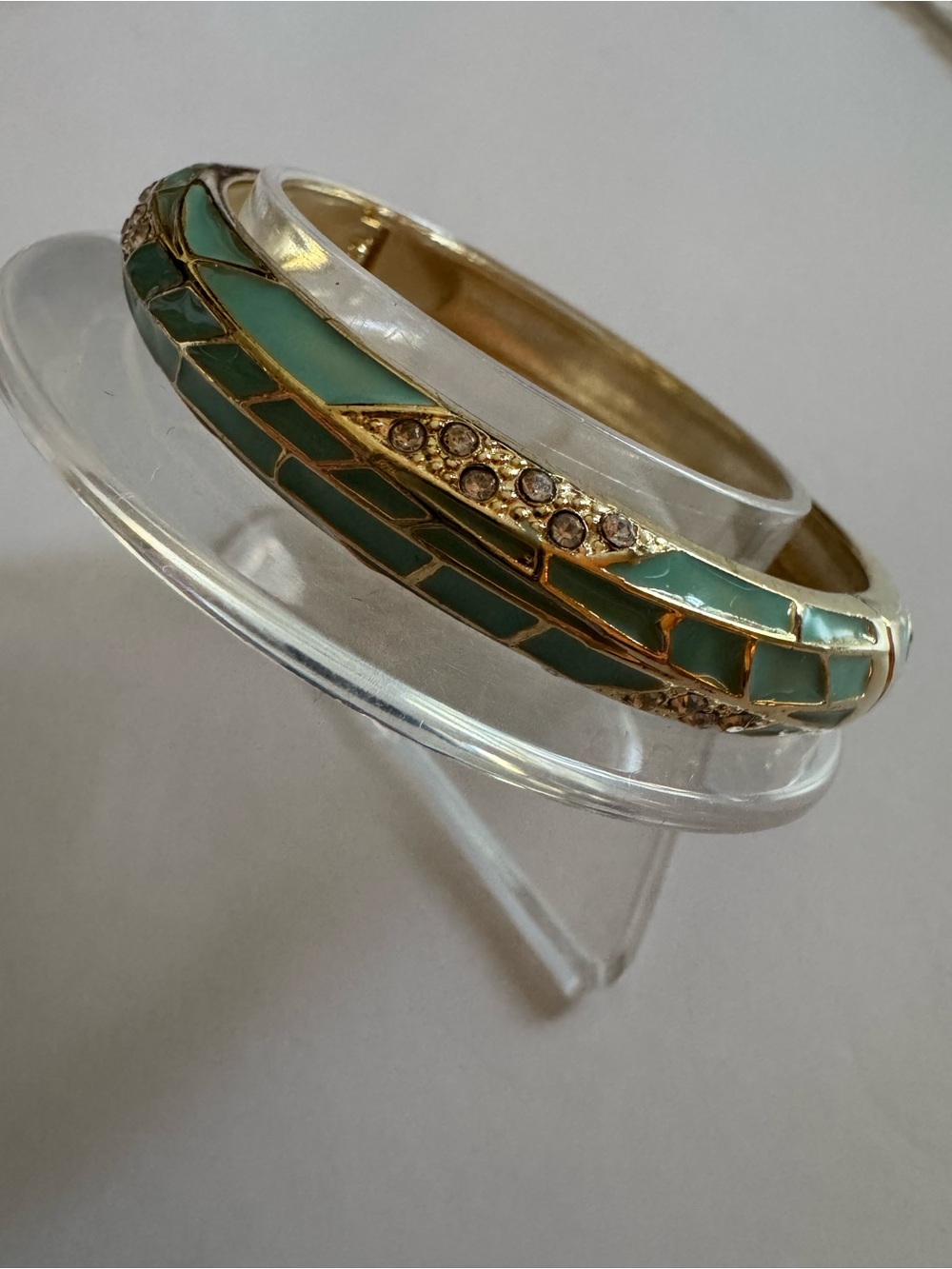 Mint Green Enamel Bangle Bracelet with Crystal Accents